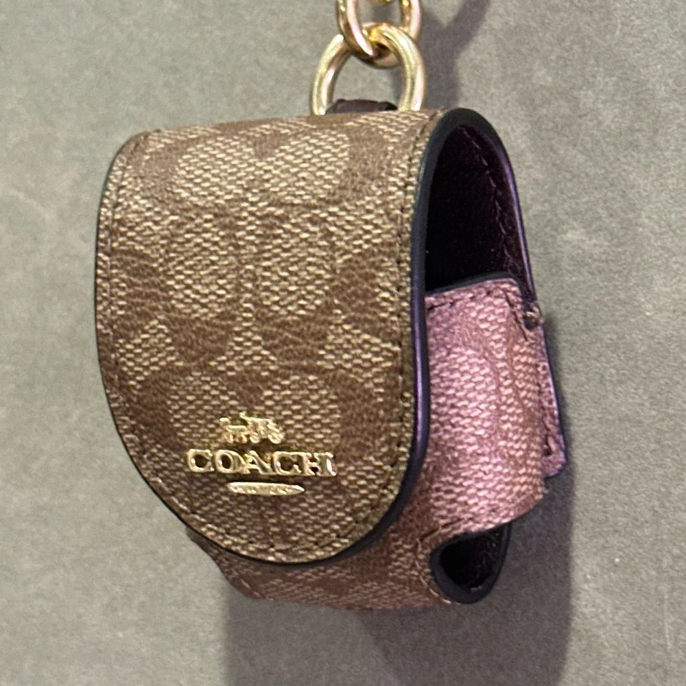 Coach Signature Canvas AirPods Case Charm Khaki Saddle Brown Gold Hardware